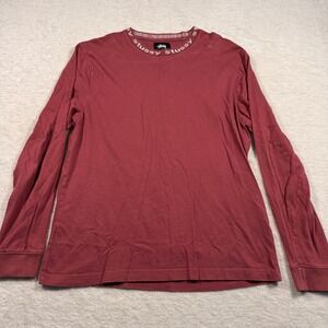 Stussy Mens Long Sleeve Logo Ribbed Collar T-Shirt Burgundy Red Size Small